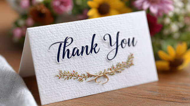 Folded thank you card with elegant script and floral wreath on textured paper for gift enclosure and event stationery closeup with blurred floral background for table display