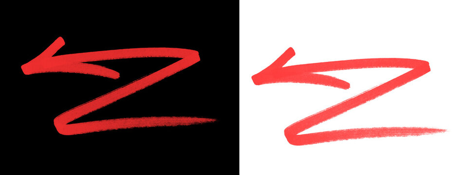 Red hand-drawn double sided zigzag arrow on black and white background, isolated graphic element