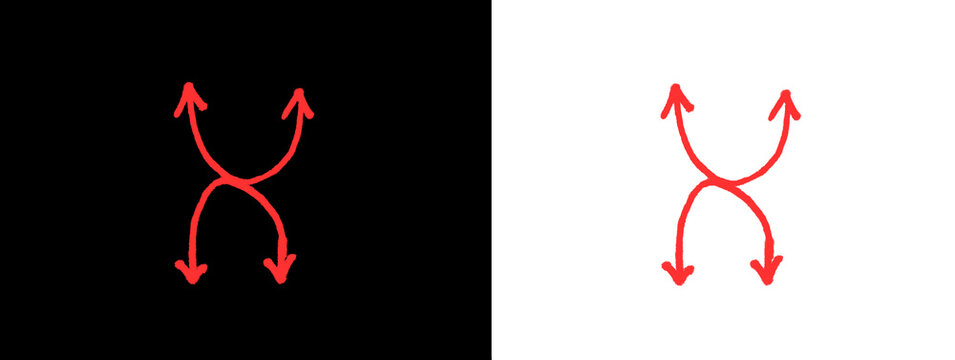 Red hand-drawn four-way branching arrow with multiple tips on black and white background, isolated graphic elemen