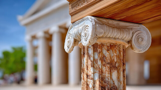Marble ionic column capital with polished veined shaft supporting entablature in open colonnade setting near classical facade under clear sky daytime light warm tones and architectural detail