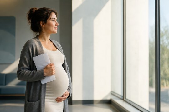 Pregnant Woman by Clinic Window After Routine Health Appointment
