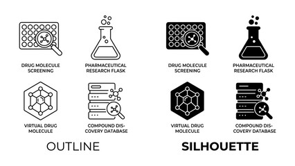 Fototapeta premium Drug Discovery Icons: A set of outline and silhouette icons depicting key stages of drug discovery, including molecular screening, research flask, virtual molecule, and compound database.