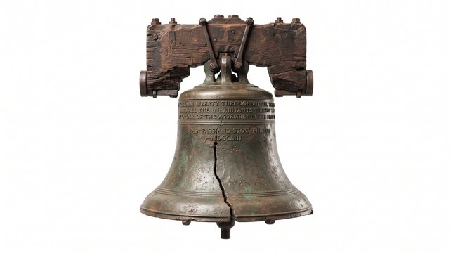 Historical bronze bell with a prominent vertical crack suspended from an aged wooden yoke representing American heritage and independence isolated on white background