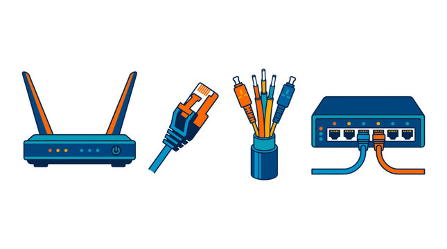 Set of network hardware including a wireless router, ethernet cable, fiber optic bundle, and a network switch with connected cables, isolated on a white background