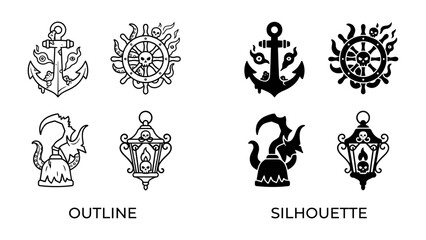 Fototapeta premium Nautical Icons Collection: A set of stylized nautical symbols featuring an anchor, ship wheel, hook, and lantern, presented in both outline and silhouette versions.