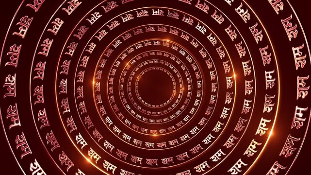 Devanagari Rama text forms concentric circles pulls into spiritual tunnel. mantra chanting, devotional music, yoga meditation, Hindu ceremonies, religious broadcasts, cultural festival edits. 3D 4K
