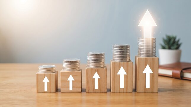 Financial growth is illustrated with stacked coins and upward white arrows on wooden blocks.