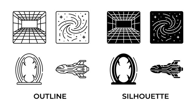 Sci-fi Iconography: A collection of outline and silhouette icons representing futuristic concepts like warp gates, wormholes, and spaceships, perfect for digital interfaces and games.