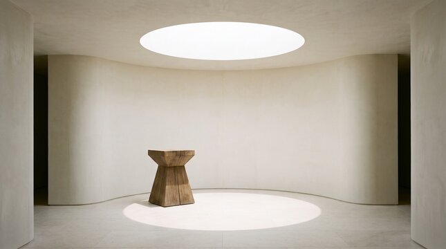 Minimalist entry space with circular skylight and sculptural pedestal