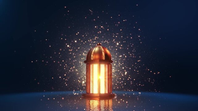 Warm light pours gold lantern stars sparkle deep blue setting. Islamic celebrations, seasonal invitations, prayer content, Diwali greetings, winter campaigns, meditation luxury event openers.