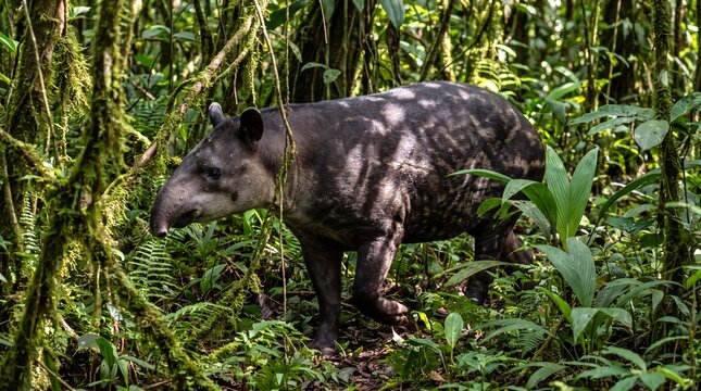 Tapir walks slowly through the dense and lush greenery of a tropical rainforest.