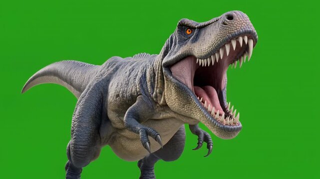 Tyrannosaurus Rex running with open mouth on green screen background cinematic motion