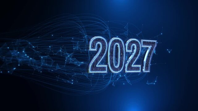 Neon blue 2027 numbers glow flowing data lines, connected nodes, digital network. 19 innovation events, corporate openers, fintech promos, AI presentations, future trends, New Year business