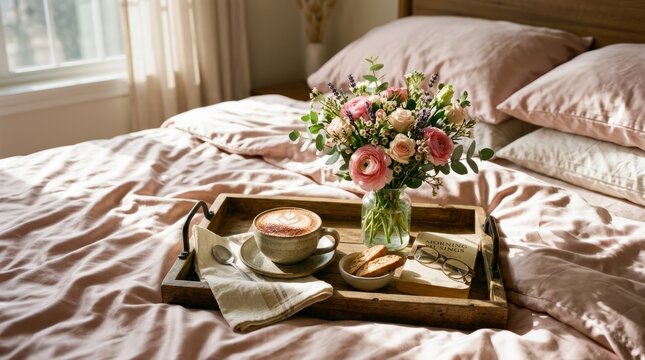 Elegant breakfast tray with flowers and tea on cozy bed linens.