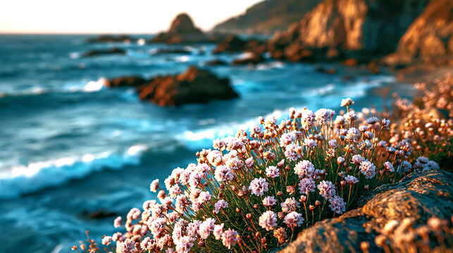 Coastal Wildflowers by Rocky Seaside at Golden Hour