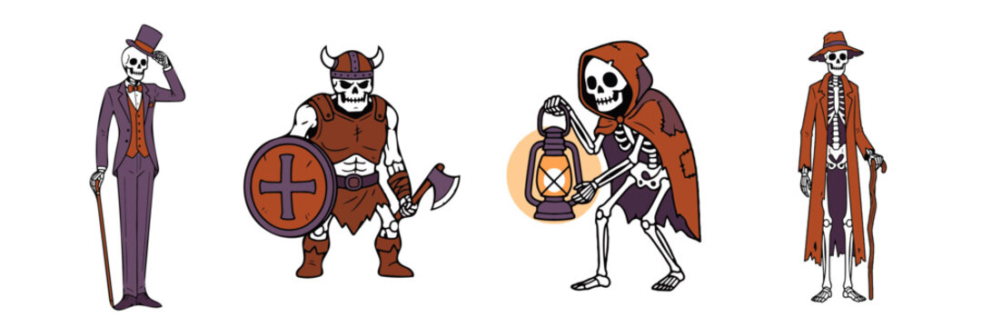 Halloween Skeleton Character Bundle With Victorian Skeleton, Viking Warrior, Grim Reaper And Scarecrow Illustrations