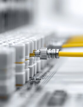 Yellow fiber optic cable connector plugged into network patch panel port