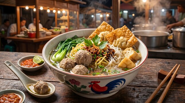 Traditional Indonesian Bakso meatball noodle soup with crisp dumplings and vegetables served at street food stall