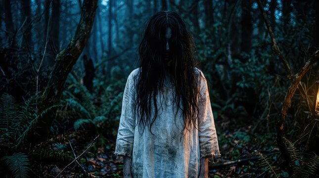 Scary ghost woman in dark forest. Creepy spirit in white dress standing in woods at night.