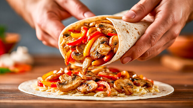 Hands Adding Mushrooms and Peppers Over Cheese Tortilla