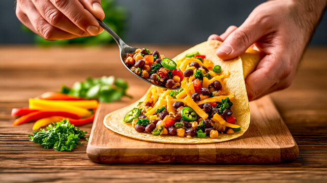 Hands Spooning Black Beans Onto Cheese-Covered Tortilla