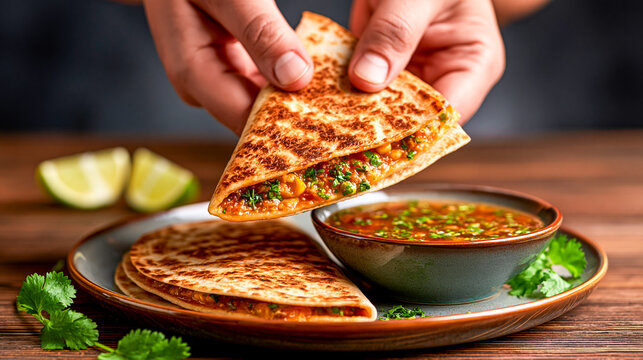 Hands Placing Folded Quesadilla Beside Dipping Broth