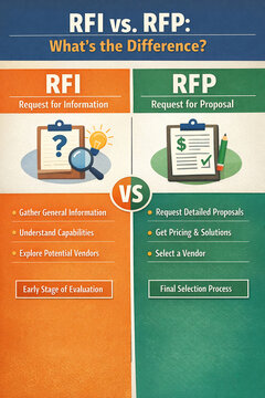 Visual guide to RFI and RFP, explaining their roles in procurement and contracting.