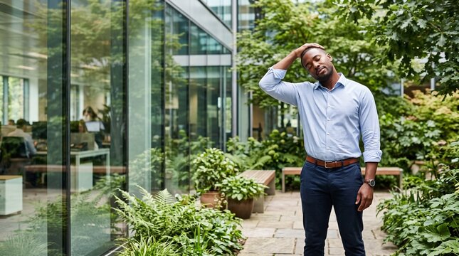 A young Black businessman in a light blue button-down shirt and dark slacks taking a break by stretching his neck amidst lush greenery outside a modern glass-walled office building