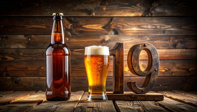Rustic Beer Glass and Bottle with Number 19 &ndash; Birthday and Anniversary Illustration