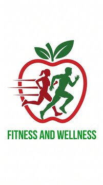 Fitness and Wellness logo featuring a red apple outline containing silhouettes of a man and a woman running, symbolizing healthy nutrition and active physical exercise, isolated on white background