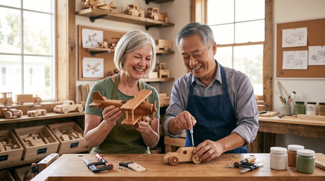 Elderly couple crafting handmade wooden toys in carpentry workshop assembling wooden car and airplane