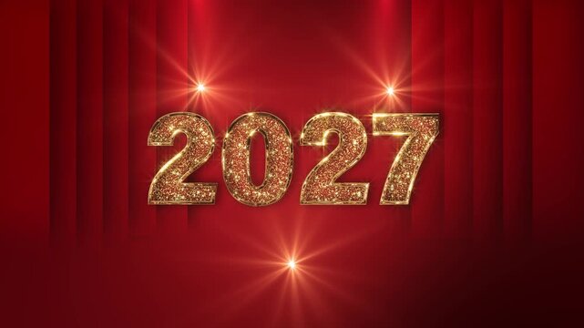 Grand 2027 numerals sparkle like jewels on a theatrical red backdrop, making a luxury celebration centerpiece. Perfect for corporate parties, retail campaigns, awards, launches, banners, and displays.