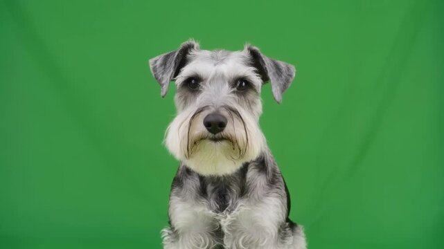 Miniature Schnauzer dog portrait with head tilt against a green screen background