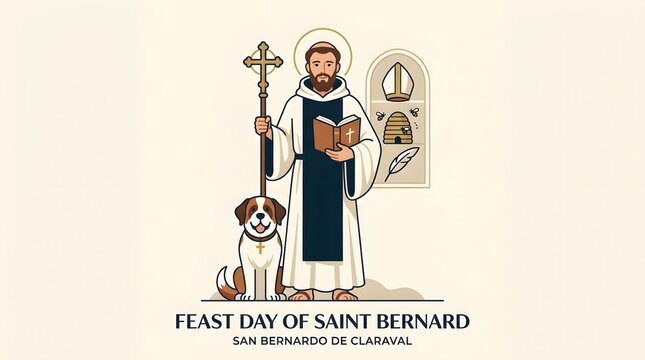 Feast Day of St Bernard of Clairvaux Vector Illustration with Monk Holding Crux Regula Book, Crosier Staff, Abbey Monastery, and St Bernard Dog