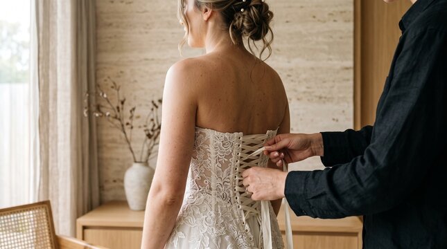 Bridesmaid helping bride lace up wedding dress gown before ceremony.