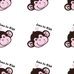 Cute smiling monkey with love to kiss typography seamless pattern on white background for kids apparel, nursery bedding, wallpaper design. © Ketsara