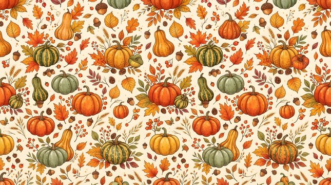Seamless pattern with autumn pumpkins, colorful fall leaves, acorns, and berries, harvest season background