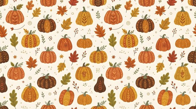 Seamless pattern with decorative folk art style pumpkins and autumn leaves, cozy fall harvest background