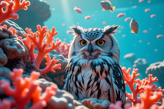 Majestic Atlantic White-Faced Owl Perched Amid Vibrant Coral Reef Ecosystem Under Bright Sunlight in Ocean With School of Fish for Underwater Nature Photography