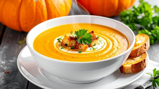 Hot Steaming Autumn Pumpkin Soup with Croutons and Parsley in White Bowl