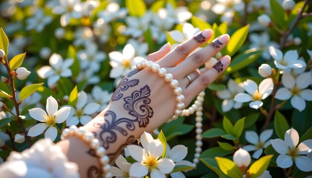Elegant hand adorned with pearl jewelry and henna designs resting amidst lush white flowering bushes in natural sunlight