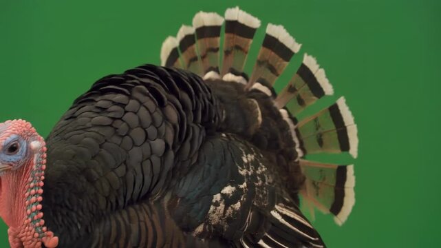 Wild Turkey displaying feathers in a studio against a green backdrop with cinematic motion