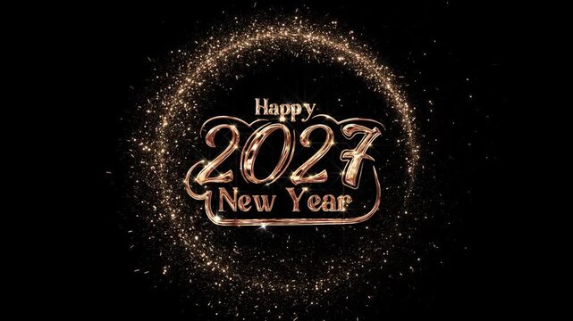 Polished 2027 emblem is surrounded by a circle of gold dust, luminous fragments, and metallic text. Perfect for awards, corporate celebrations, premium branding, broadcasts, and advertising campaigns.