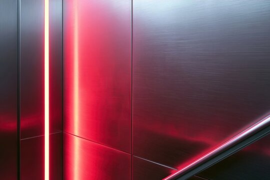 Elevator interior with sleek metallic surfaces and vibrant red neon lighting accents
