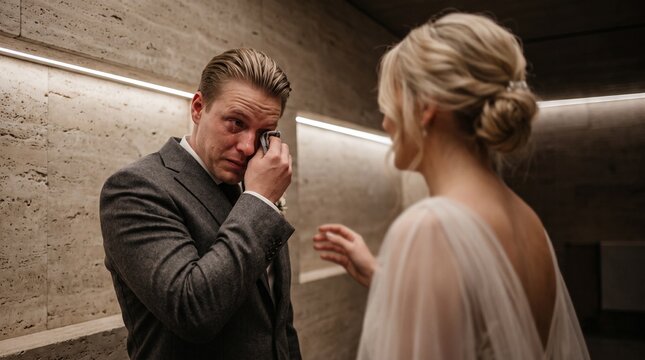 Emotional groom crying and wiping tears during wedding first look with bride