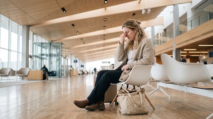 Fototapeta premium Tired woman sitting with luggage and rubbing her eyes in airport waiting area.