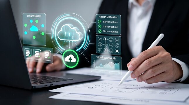 cloud security and data management concept. businessman reviewing cloud server connectivity, database status, system health, and network performance with holographic dashboard. digital transformation 