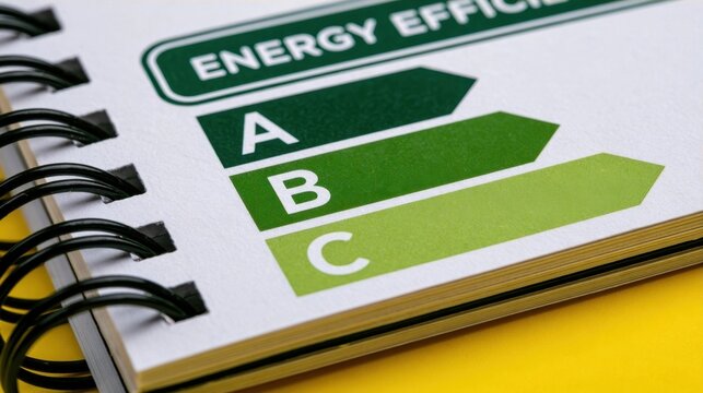 Energy efficiency rating chart in a spiral-bound notebook on a yellow surface