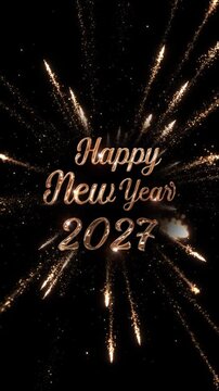 Happy New Year 2027 gold text is surrounded by sparkler trails shooting across deep black. Perfect for countdowns, fireworks finales, party screens, holiday greetings, event intros, and 4K promotions.