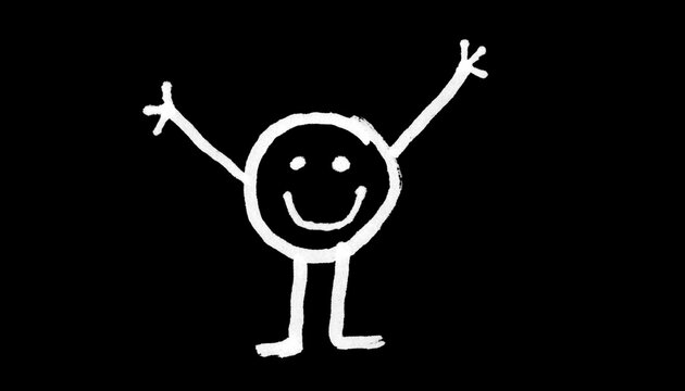 Happy Stick Figure Doodle &mdash; Hand Drawn White Line Stickman on Black Background for Print and T-shirt Design